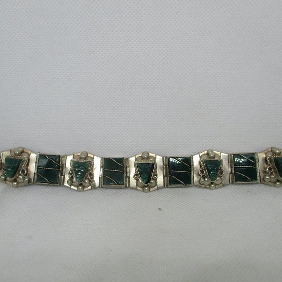 MEXICAN SILVER Green Onyx Tribal Masks Bracelet Gemstone Rectangles Sectional - Picture 11 of 12